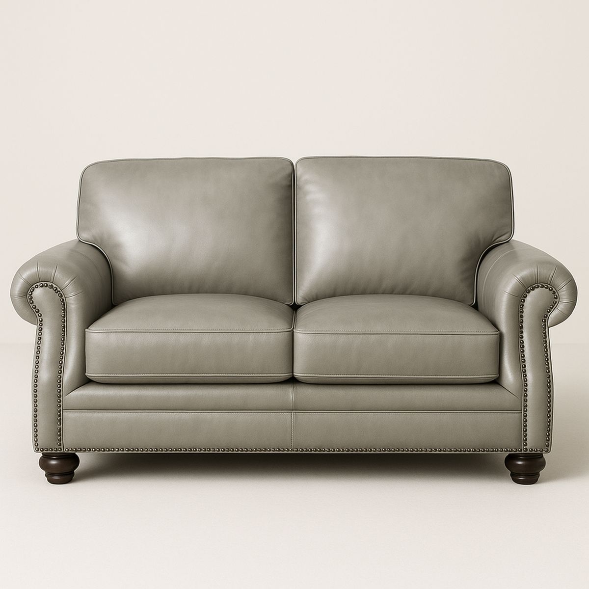 Grey Leather Two-Seater Sofa with Rolled Arms and Nailhead Trim-Jurilento