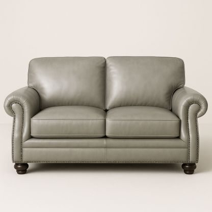 Grey Leather Two-Seater Sofa with Rolled Arms and Nailhead Trim-Jurilento
