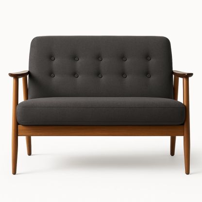 Two-Seater Fabric Sofa with Timber Frame and Button Backrest in Charcoal-Jurilento