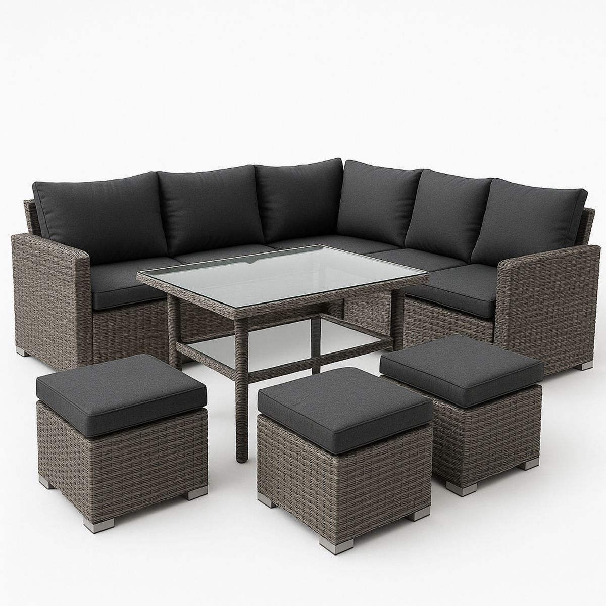 Grey Outdoor Wicker Lounge Set with Cushions and Glass Table-Morivanta