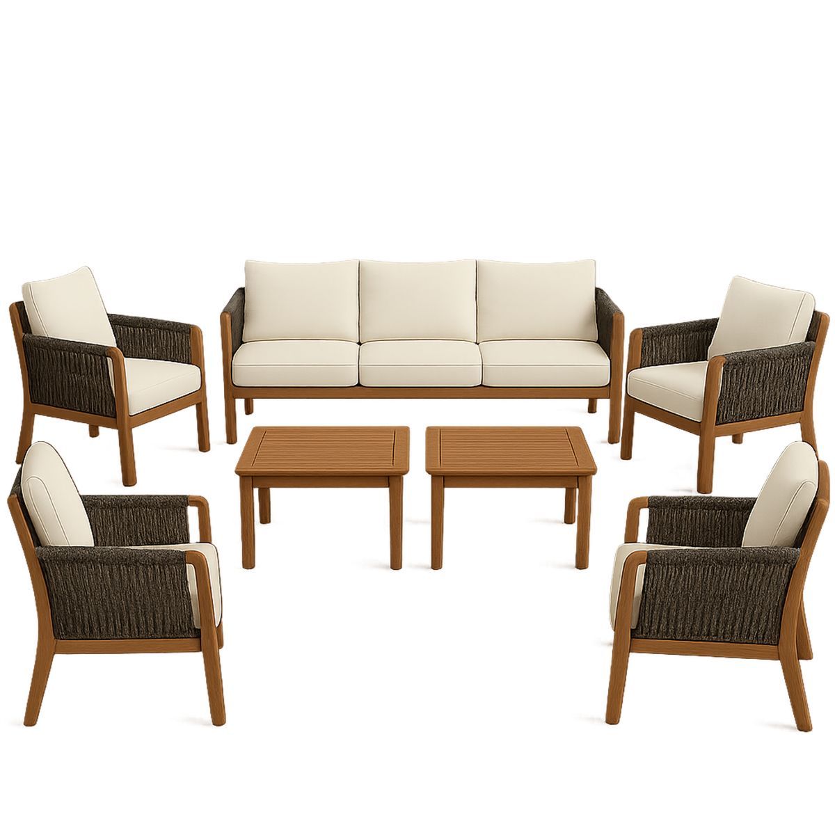 Outdoor Lounge Set with Acacia Wood and Rope Beige Cushions-Morivanta