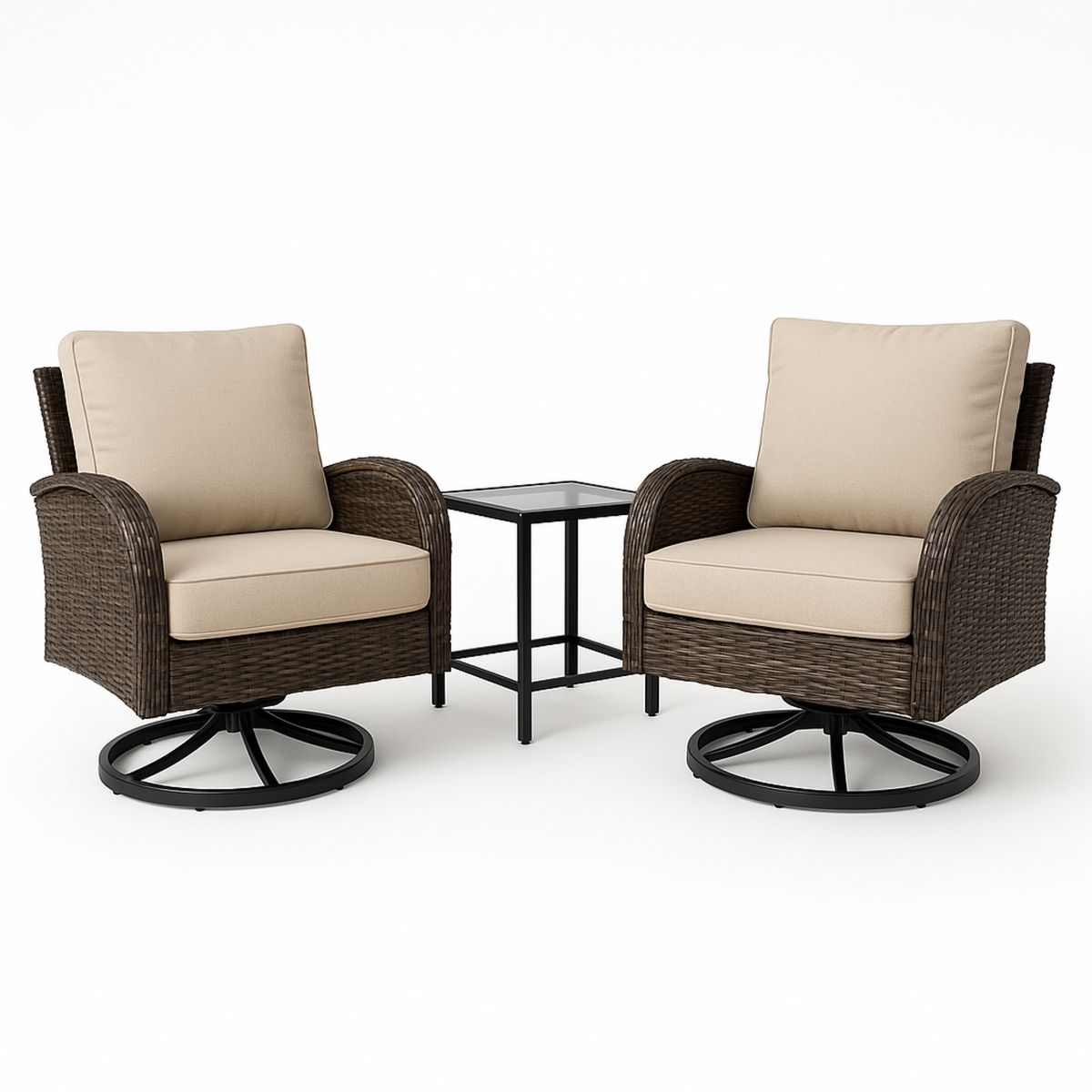 Outdoor Wicker Chair Set with Cushions and Glass Top Table Beige/Brown-Morivanta