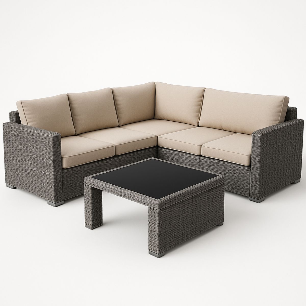 Outdoor Wicker Rattan Sectional Sofa Set with Beige Cushions and Glass Top Table-Morivanta
