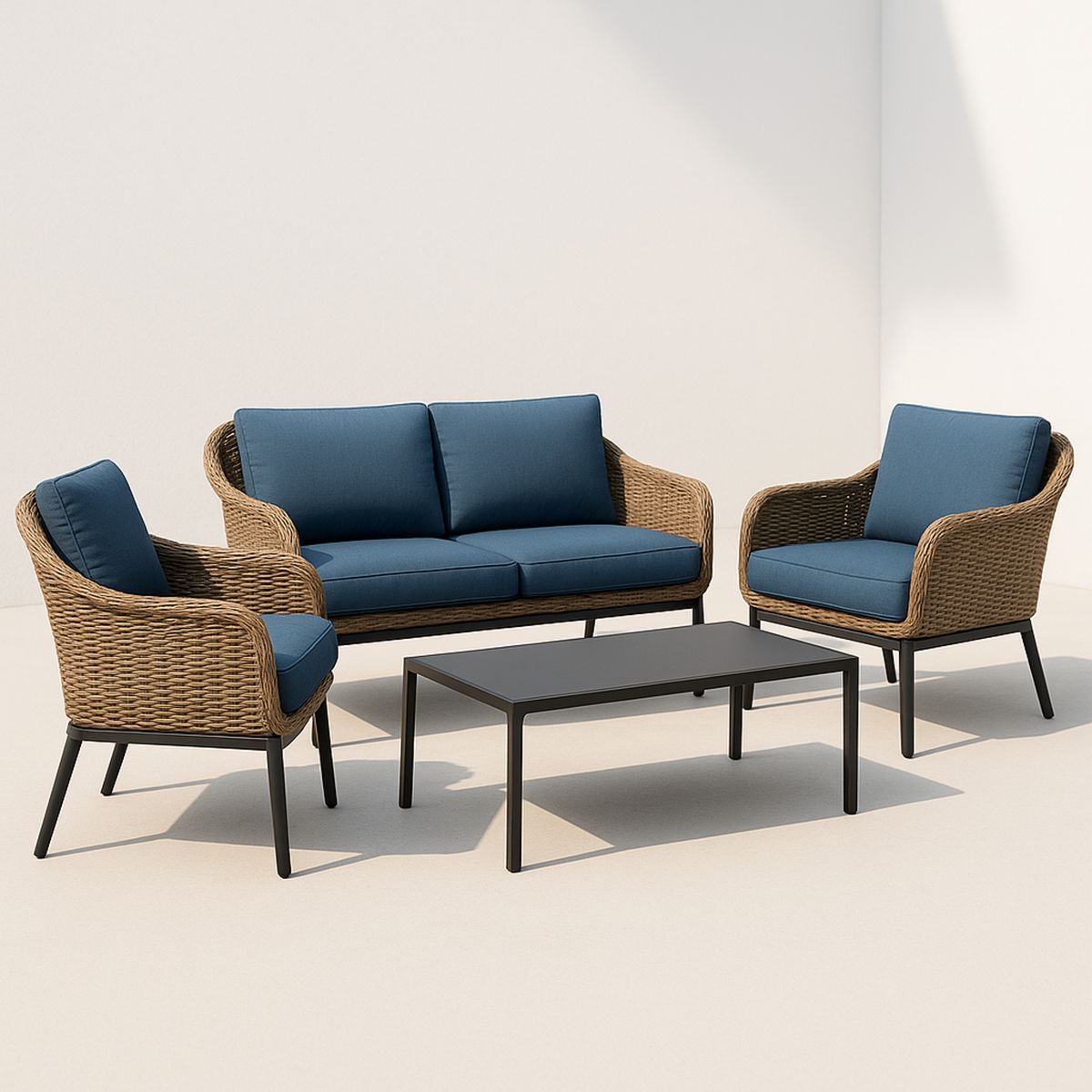 Outdoor Rattan Lounge Set with Cushions and Coffee Table Brown/Blue-Morivanta