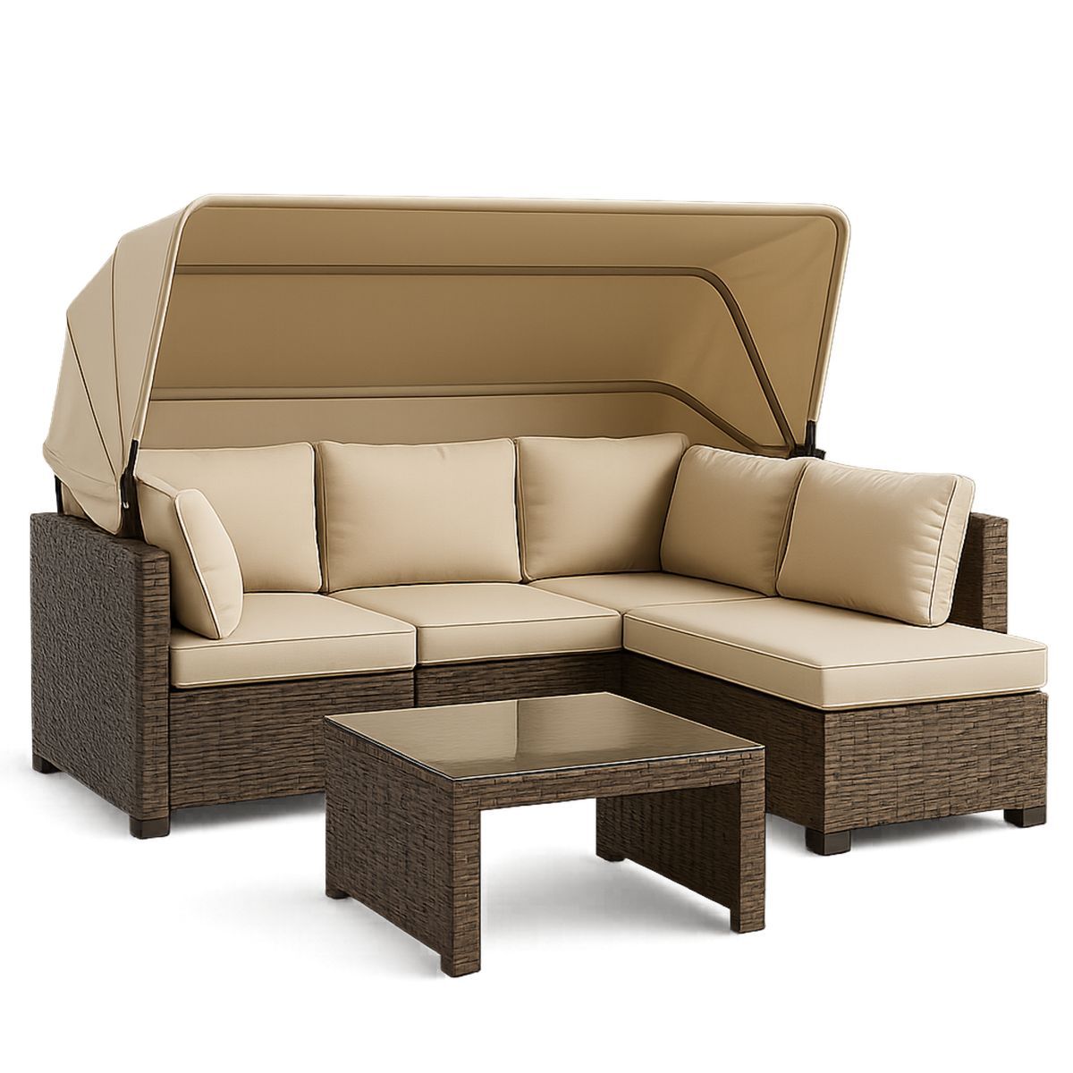 Outdoor Rattan Lounge Set with Adjustable Canopy and Glass Table Beige-Morivanta