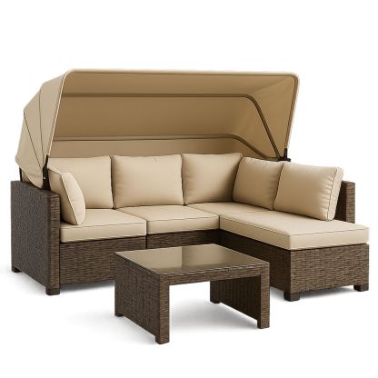 Outdoor Rattan Lounge Set with Adjustable Canopy and Glass Table Beige-Morivanta