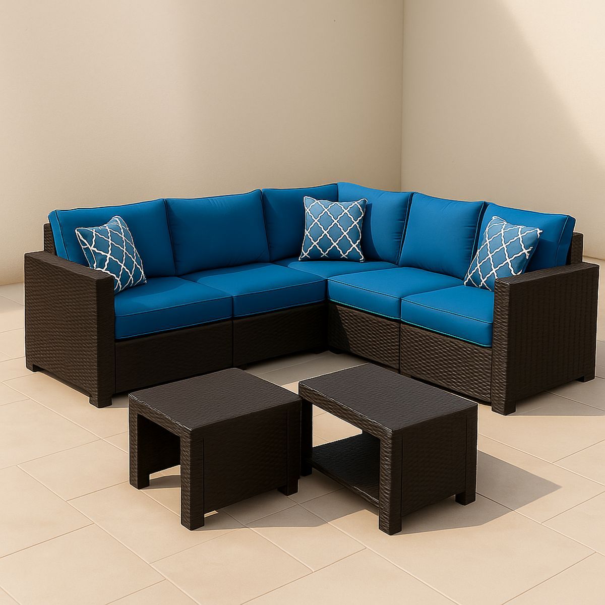 Outdoor PE Wicker Sofa Set with Blue Cushions and Coffee Table-Morivanta