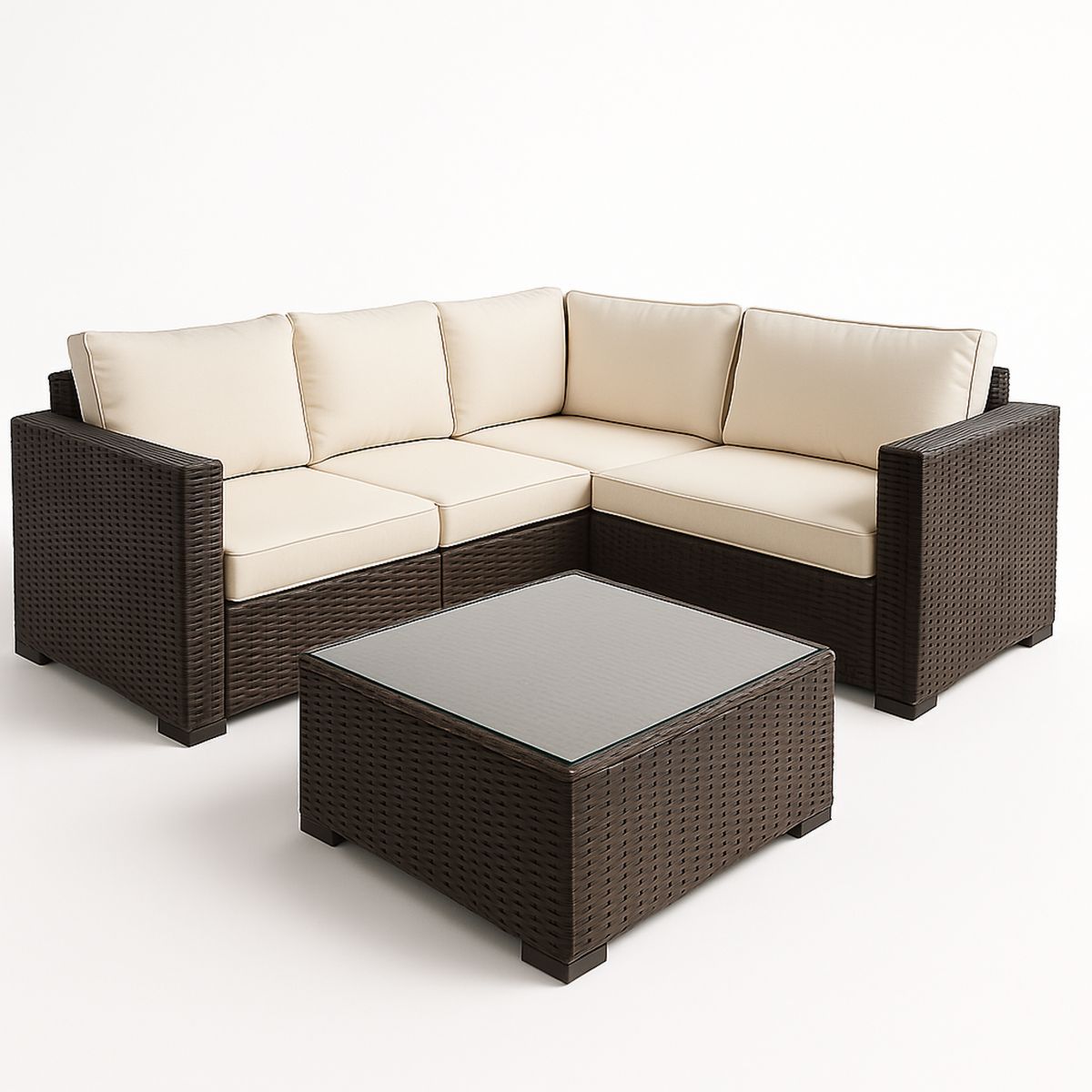 Outdoor Corner Sofa Set Wicker Beige Cushions Glass Top Coffee Table-Morivanta