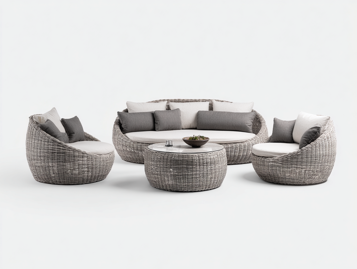 Conjunto de sofá y sillones de ratán sintético - sofá 180x90x75 cm - gris/blanco - para jardín - diseño moderno