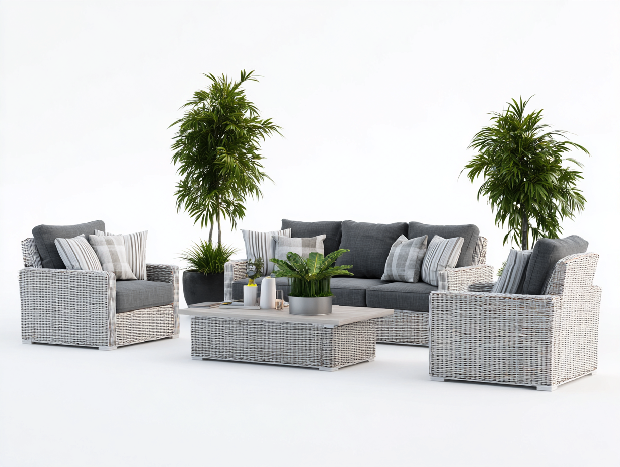 Conjunto de sofá y sillón - ratán sintético - Sofá 190x80x85 cm - gris claro-blanco/gris oscuro - para jardín - diseño resistente a la intemperie