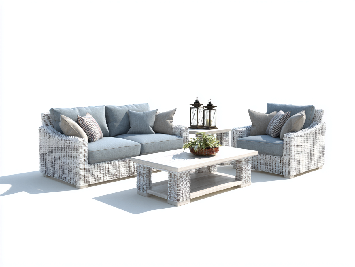 Conjunto de sofá y sillón - ratán sintético - sofá 160x85x80 cm - azul/gris/blanco - para jardín - diseño resistente a la intemperie