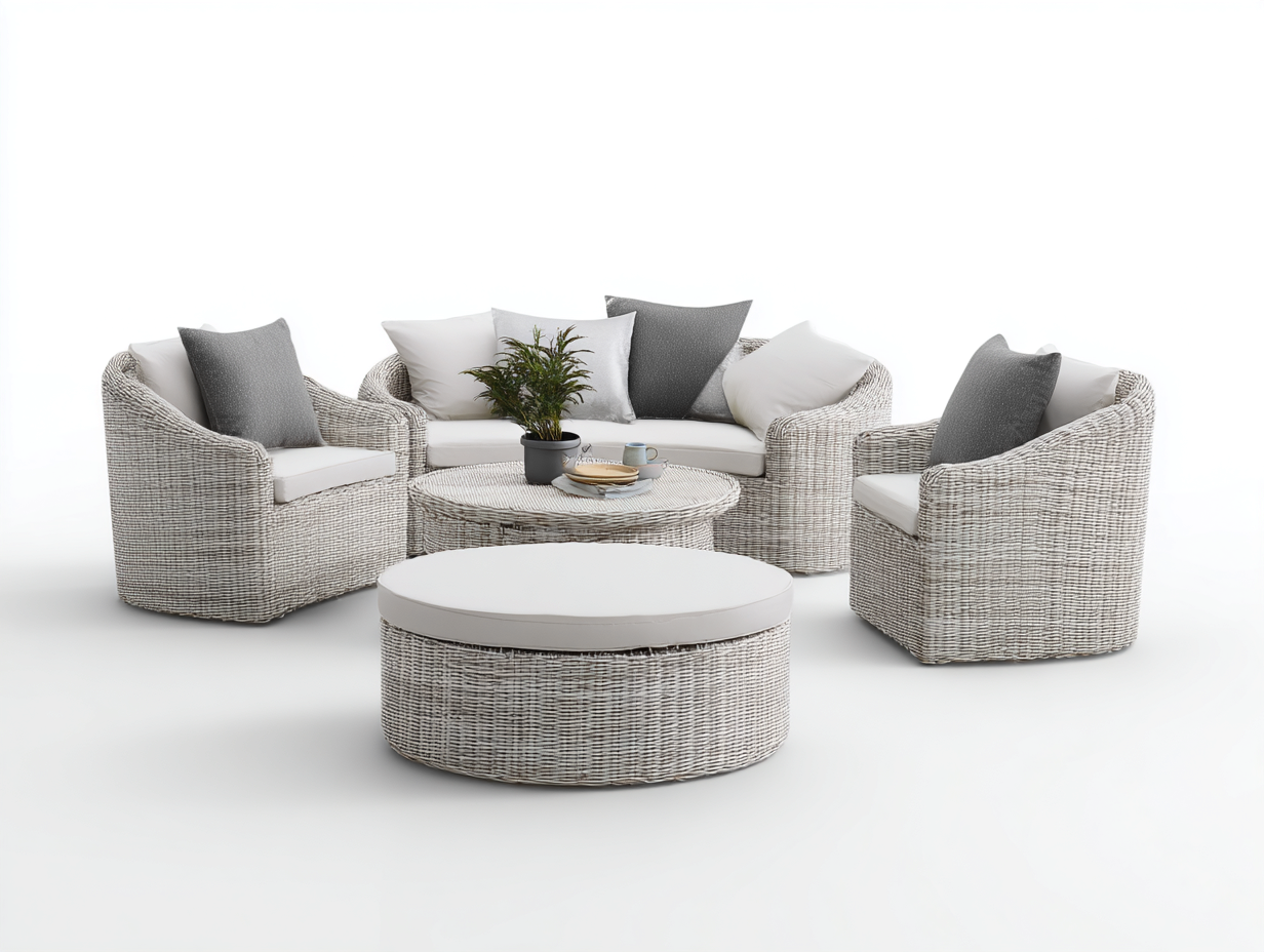 Conjunto de sofá y sillón - ratán sintético - sofá 160x85x78 cm - blanco/gris - para jardín - diseño resistente a la intemperie