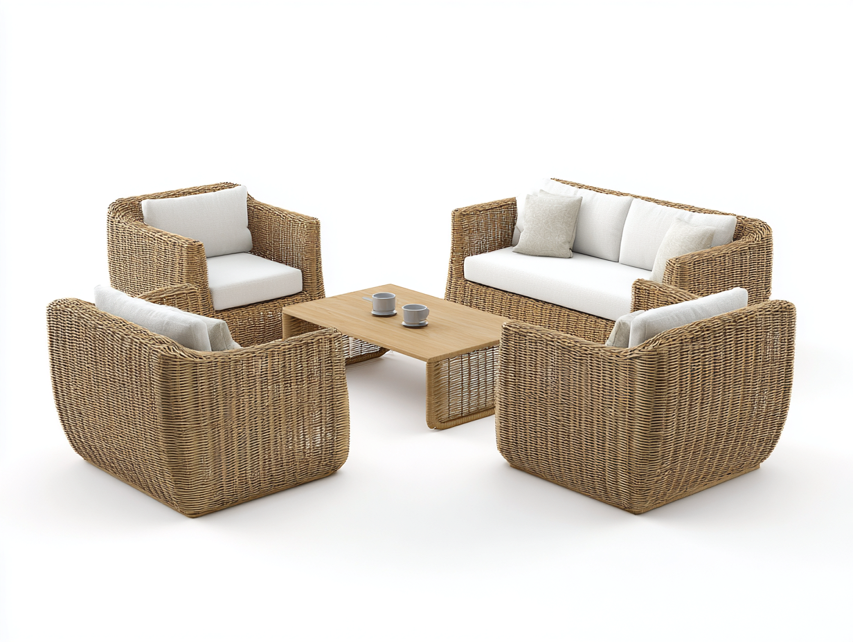 Conjunto de sofá y sillones de ratán sintético - sofá 165x85x78 cm - marrón claro/blanco - para jardín - diseño moderno