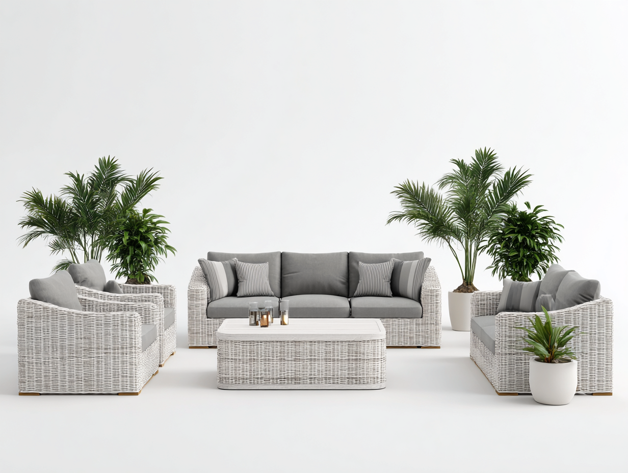 Conjunto de sofá y sillones de ratán sintético - sofá de 3 plazas 190x85x80 cm - gris claro-blanco/gris oscuro- para jardín - diseño moderno