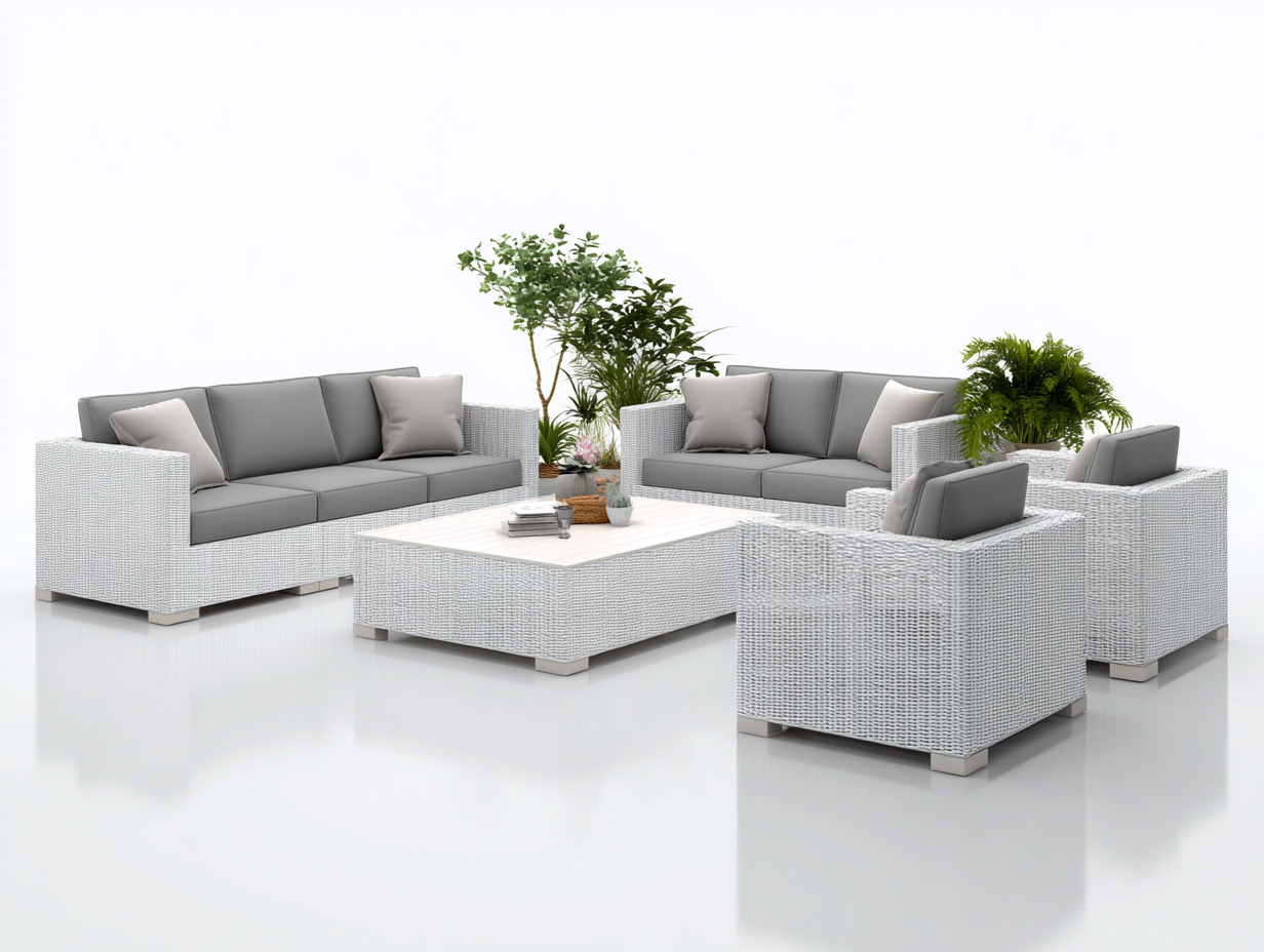 Conjunto de sofá y sillones de ratán sintético - sofá 190x88x80 cm - blanco/gris - para jardín - diseño moderno