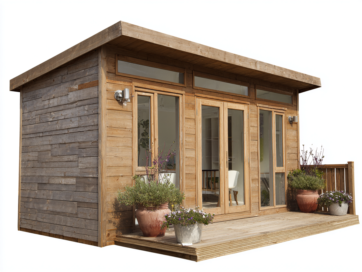 Caseta de jardín de madera 380x260x250 cm - madera natural - adecuada para exterior - con puertas acristaladas y terraza