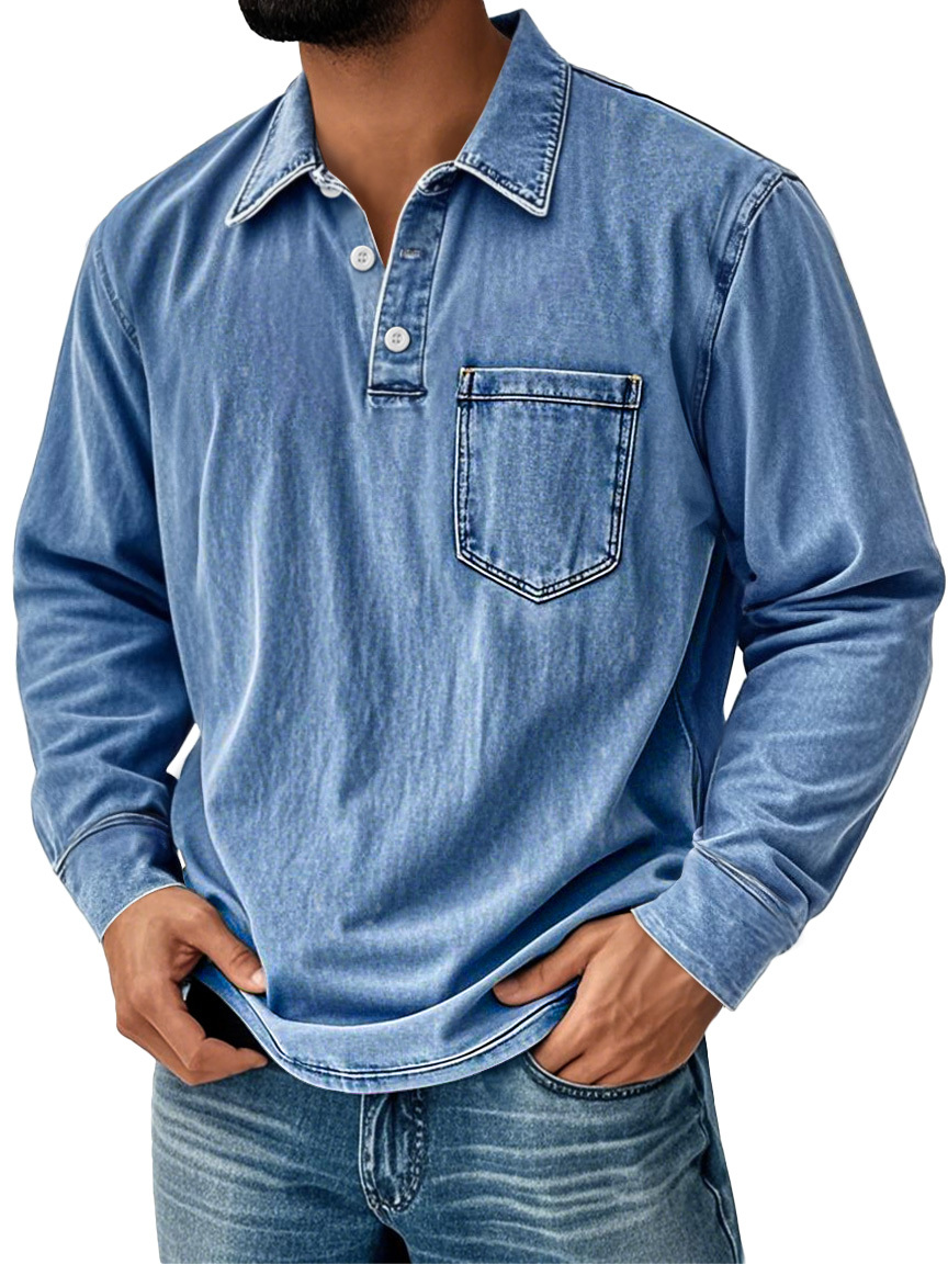 Men's Vintage Distressed Lapel Pocket Casual Long-sleeved Polo Shirt