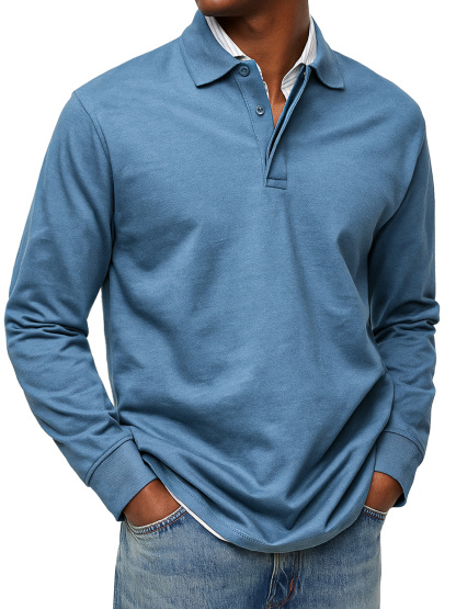Men's Daily Double-layer Lapel Button-down Solid Color Long-sleeved Polo Shirt