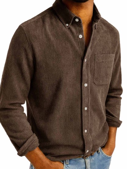 Men's Fashion Retro Daily Casual Corduroy Fabric Lapel Long Sleeve Pocket Shirt