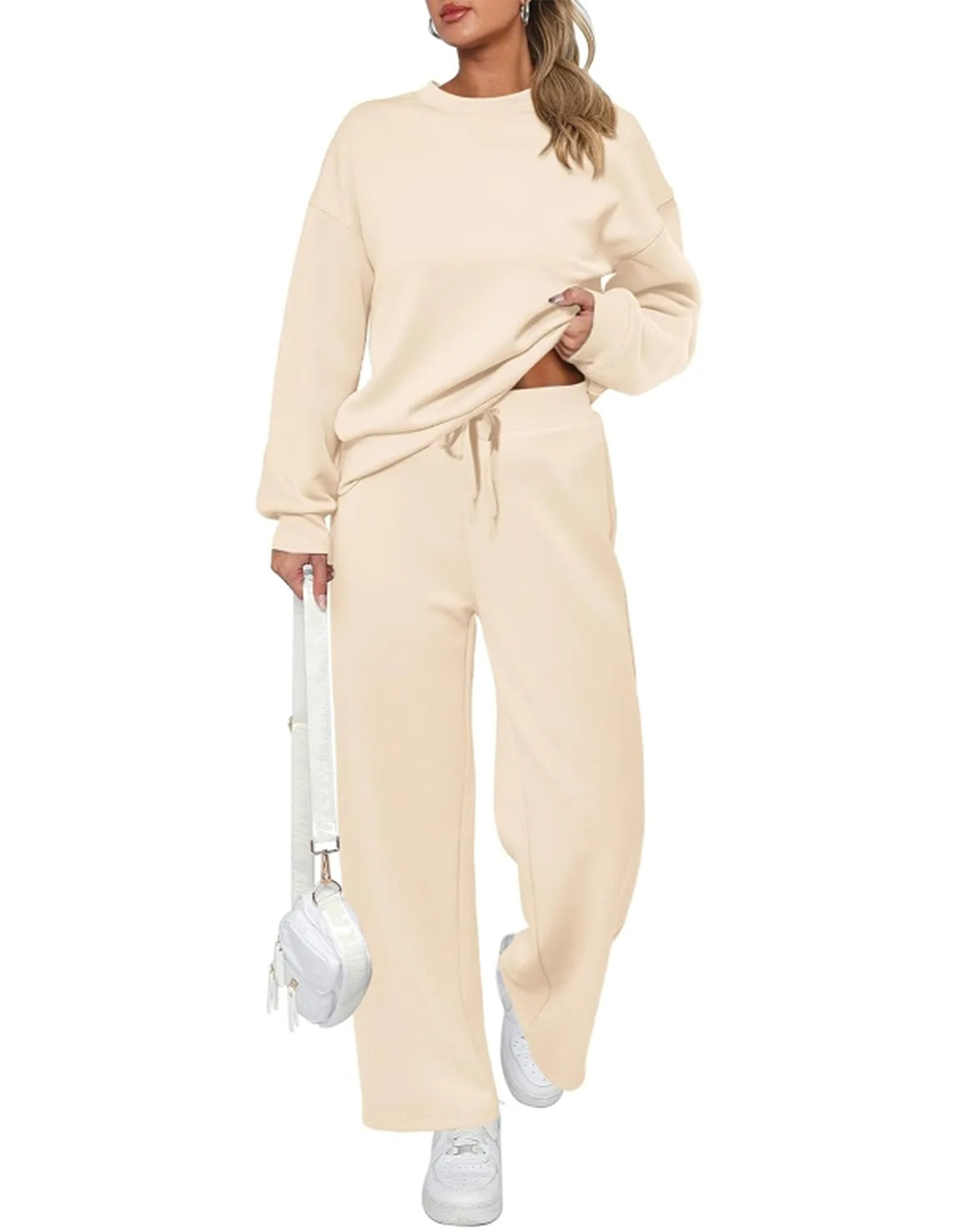 Women's Cotton Two-Piece Oversized Half-Zip Sweatshirt Wide Leg Sweatpants Casual Suit