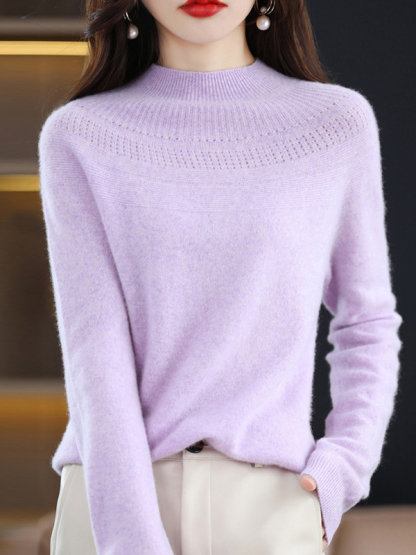 Office Raglan Sleeve Hollow Solid Color High-Neck Sweater Tops