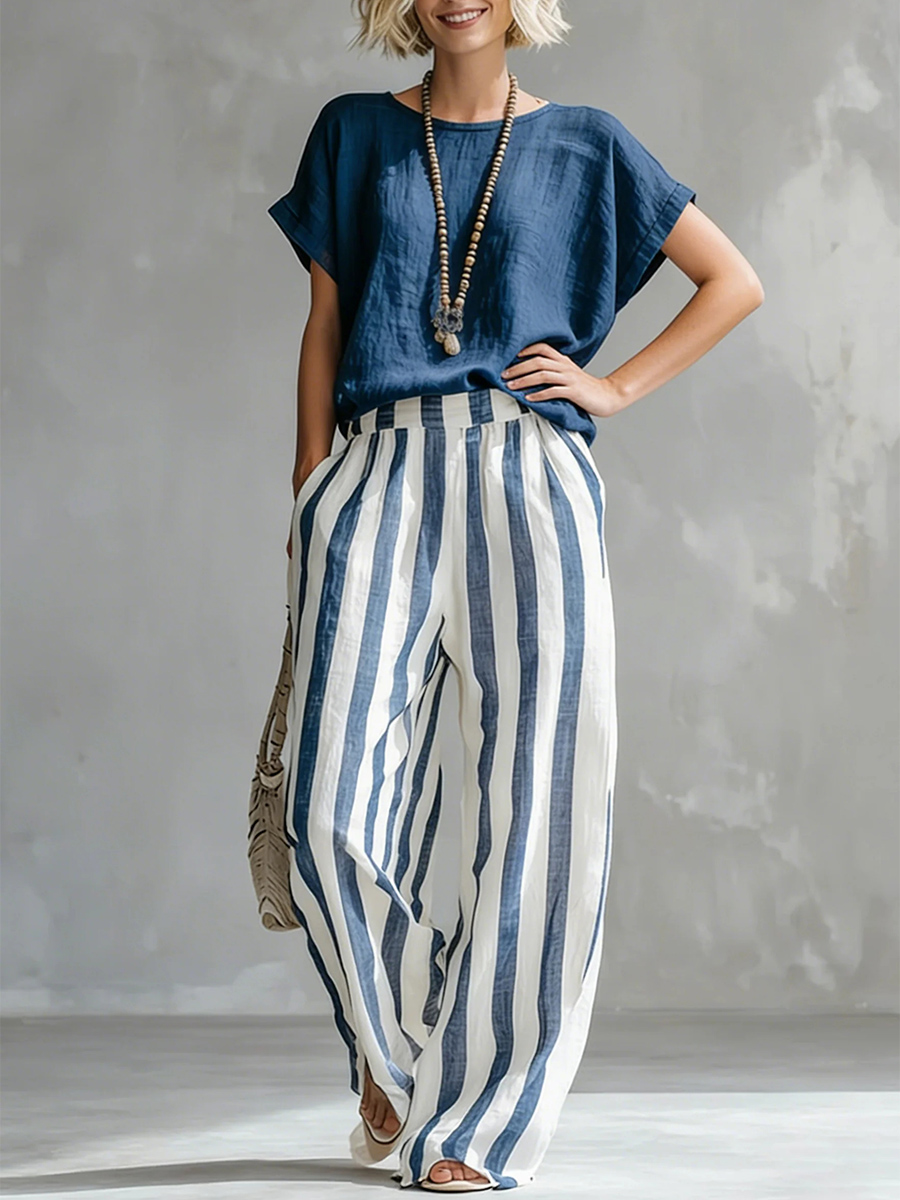 New Arrivals🔥 Cozy Loose-fit Striped Cotton Linen Two-piece Set