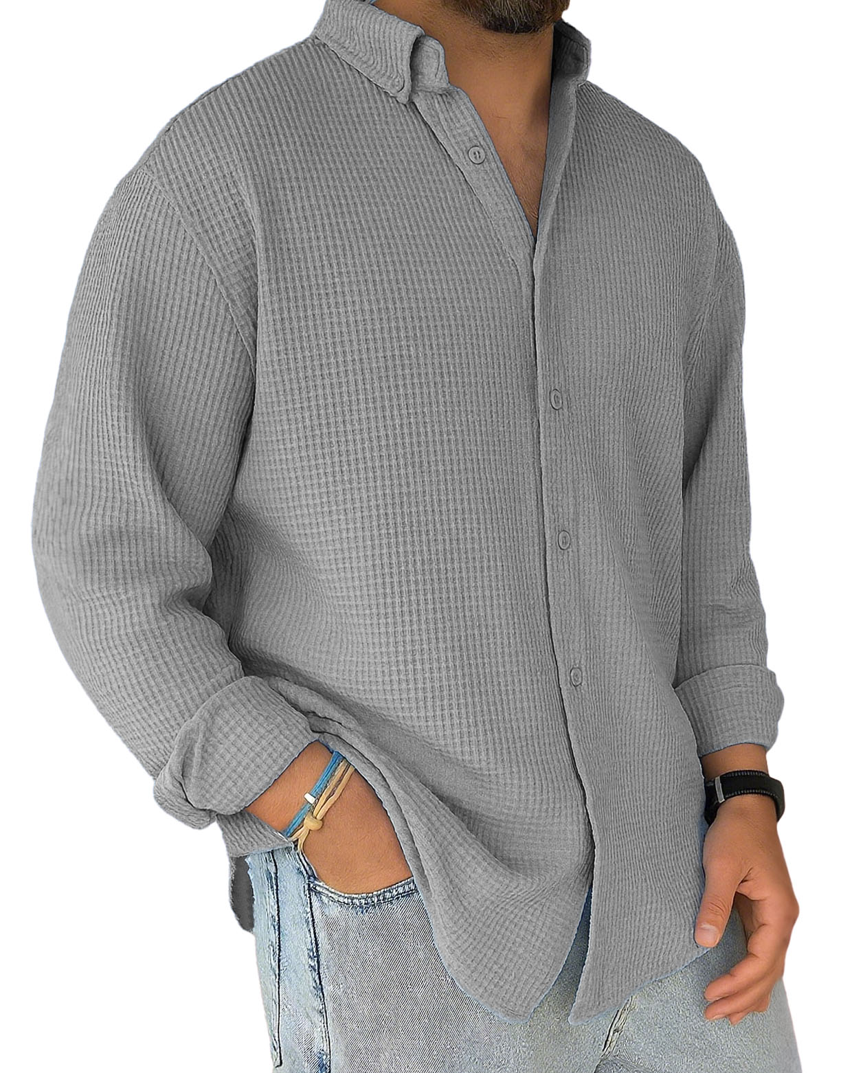 Men's Stylish Casual Everyday Waffle Long-sleeved Lapel Shirt 