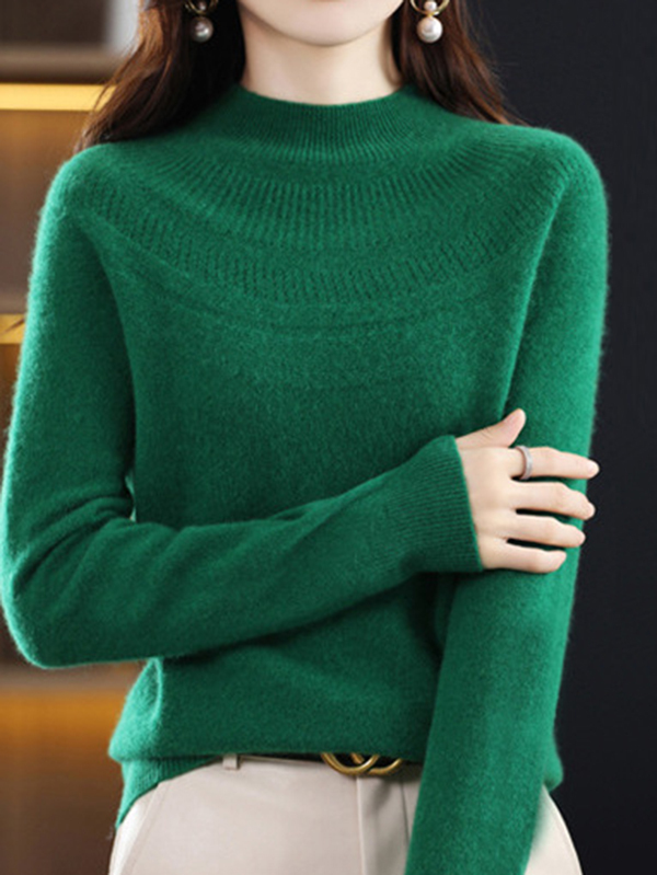 Office Raglan Sleeve Hollow Solid Color High-Neck Sweater Tops