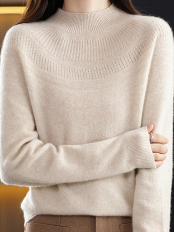 Office Raglan Sleeve Hollow Solid Color High-Neck Sweater Tops