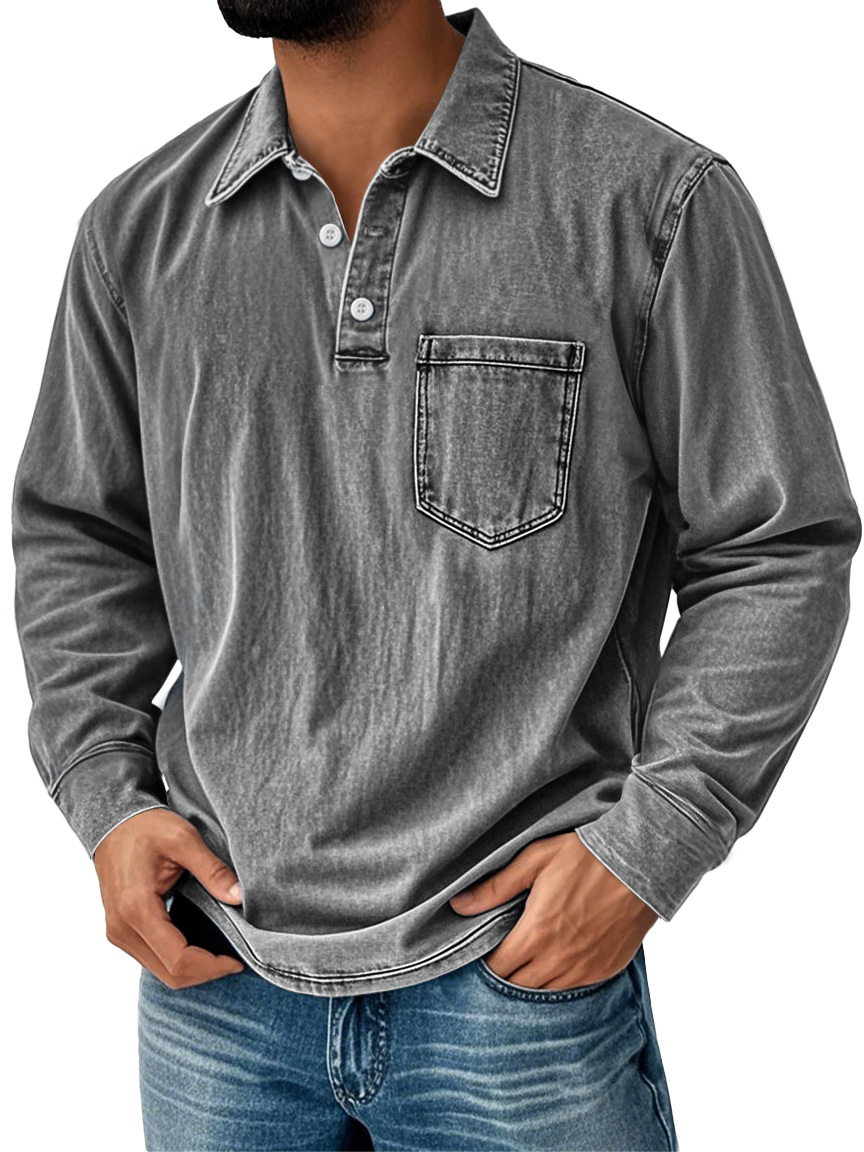 Men's Vintage Distressed Lapel Pocket Casual Long-sleeved Polo Shirt