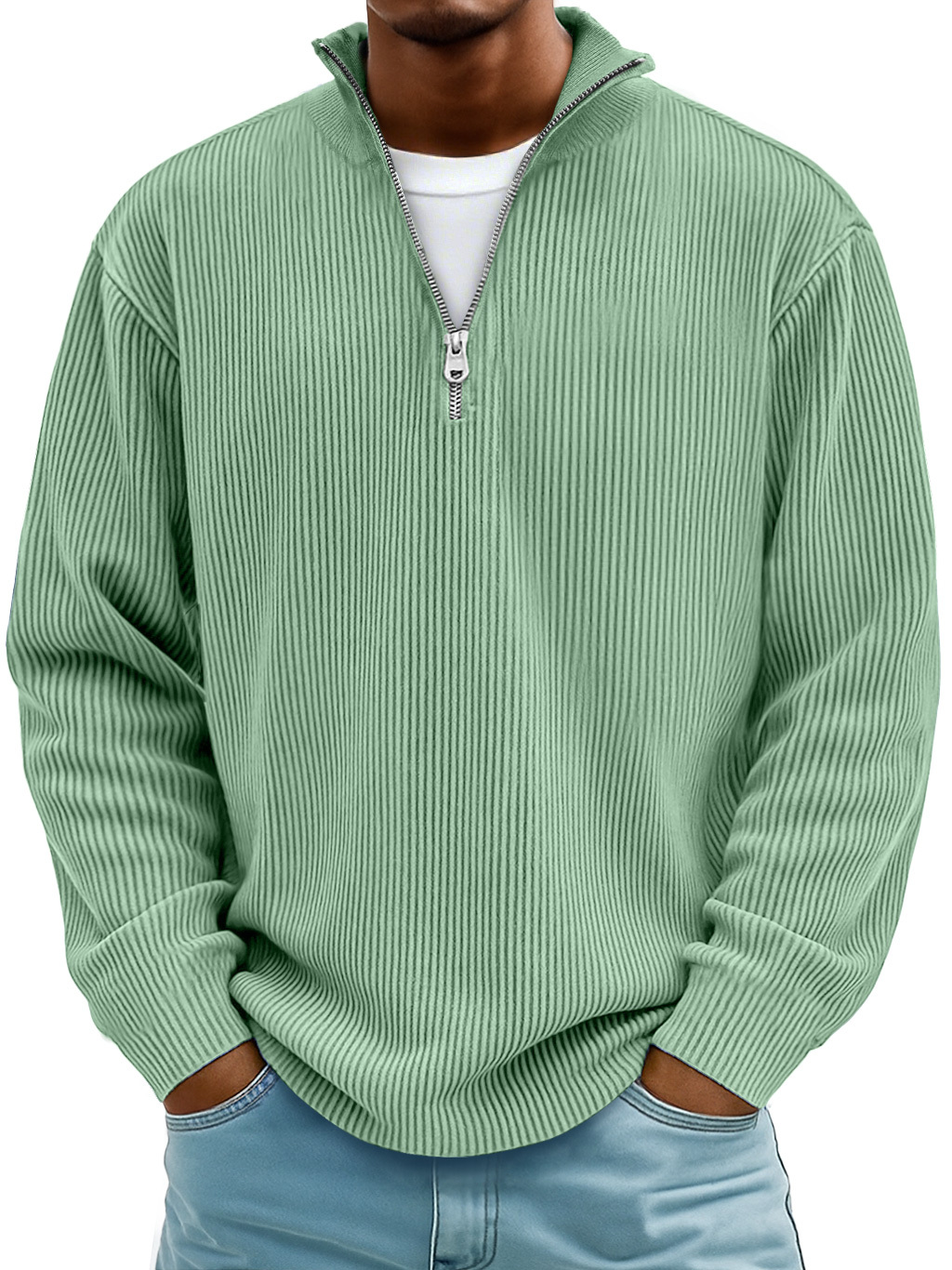 Men's Simple Casual Ribbed Stand Collar Zipper Long Sleeve T-shirt