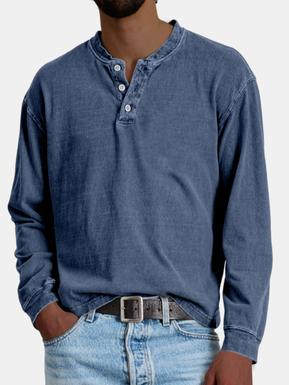 Men's Retro Casual Distressed Solid Color Button-Down Henley Shirt
