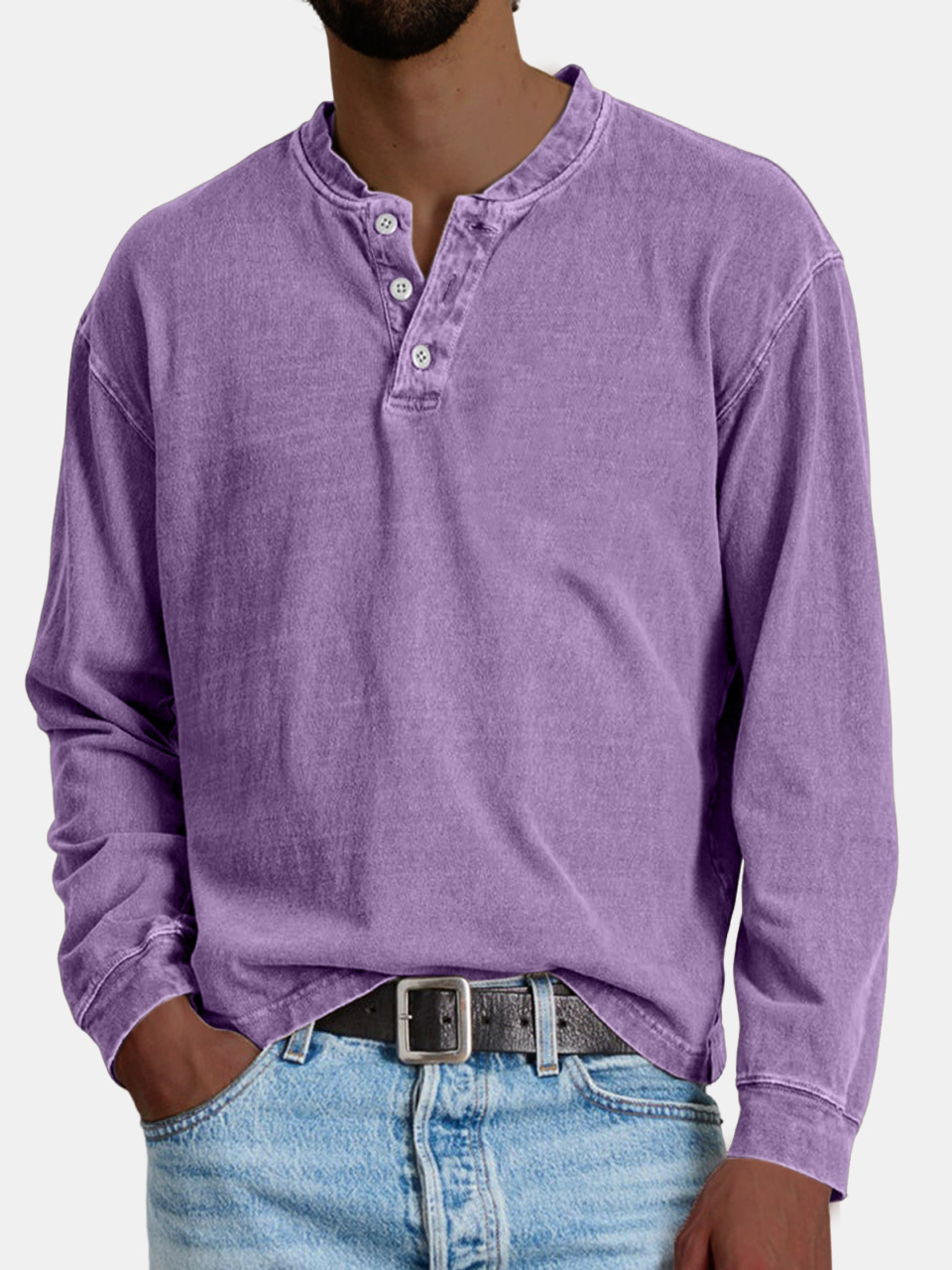 Men's Retro Casual Distressed Solid Color Button-Down Henley Shirt