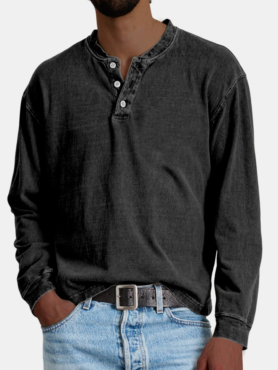 Men's Retro Casual Distressed Solid Color Button-Down Henley Shirt