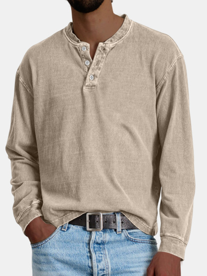 Men's Retro Casual Distressed Solid Color Button-Down Henley Shirt