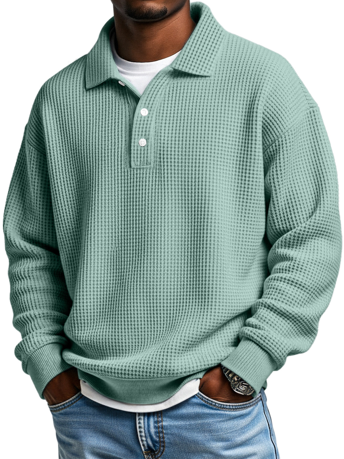 Men's Daily Loose Simple Waffle Lapel Button Long Sleeve POLO Shirt