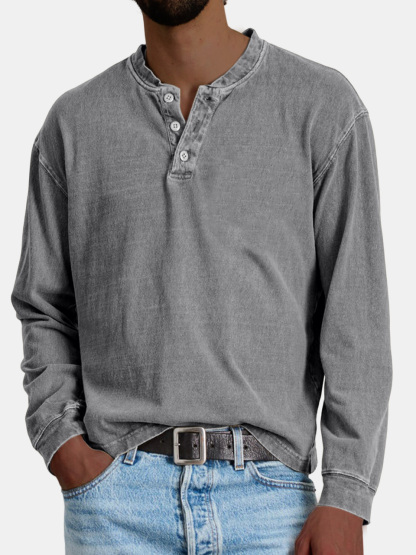 Men's Retro Casual Distressed Solid Color Button-Down Henley Shirt