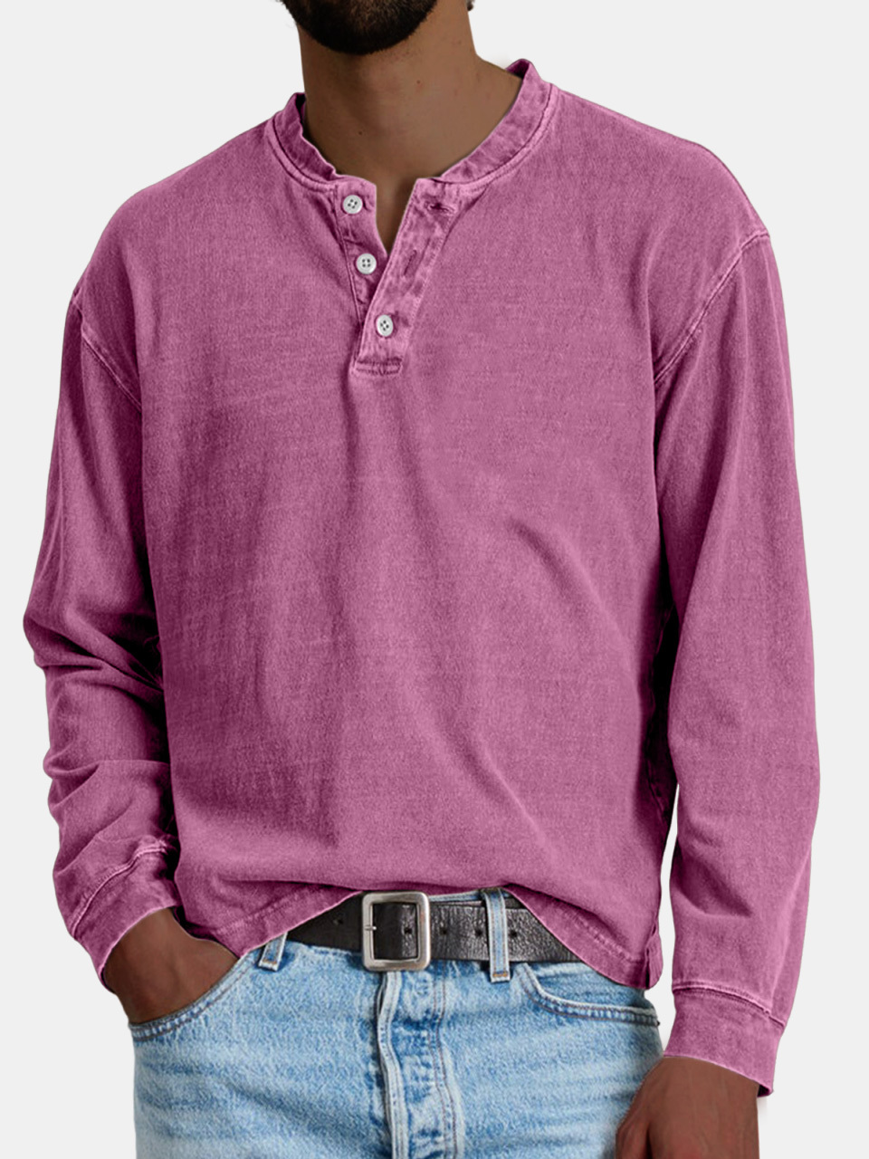 Men's Retro Casual Distressed Solid Color Button-Down Henley Shirt