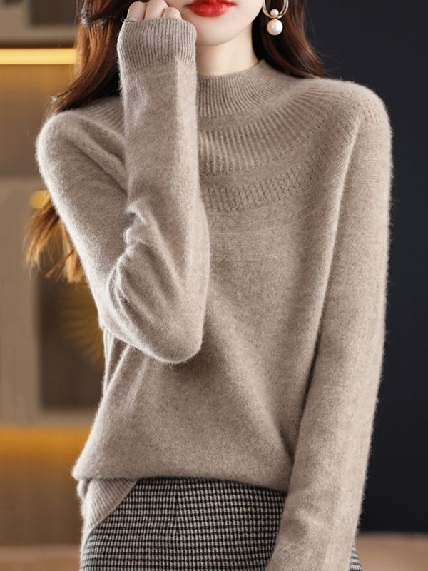 Office Raglan Sleeve Hollow Solid Color High-Neck Sweater Tops