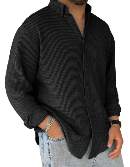 Men's Stylish Casual Everyday Waffle Long-sleeved Lapel Shirt 