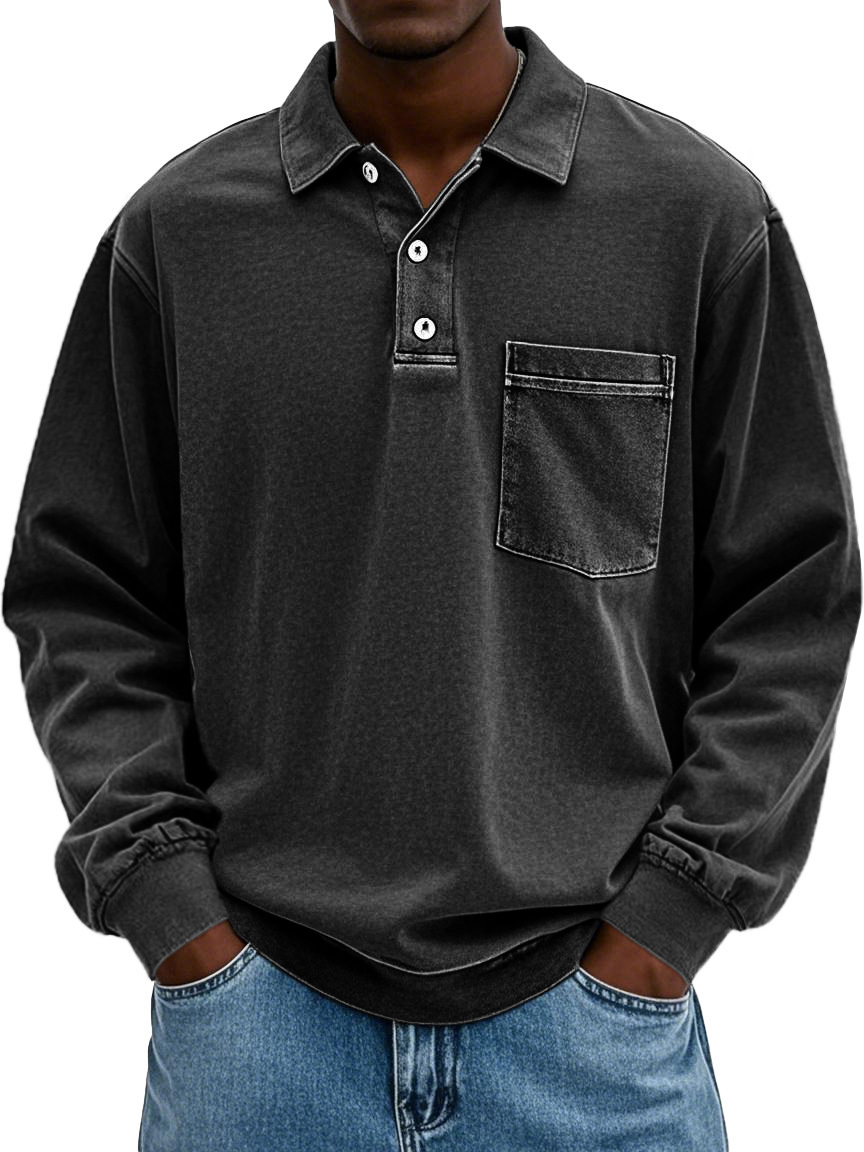 Men's Stylish Vintage Distressed Pocket Lapel Long-sleeved Polo Shirt 