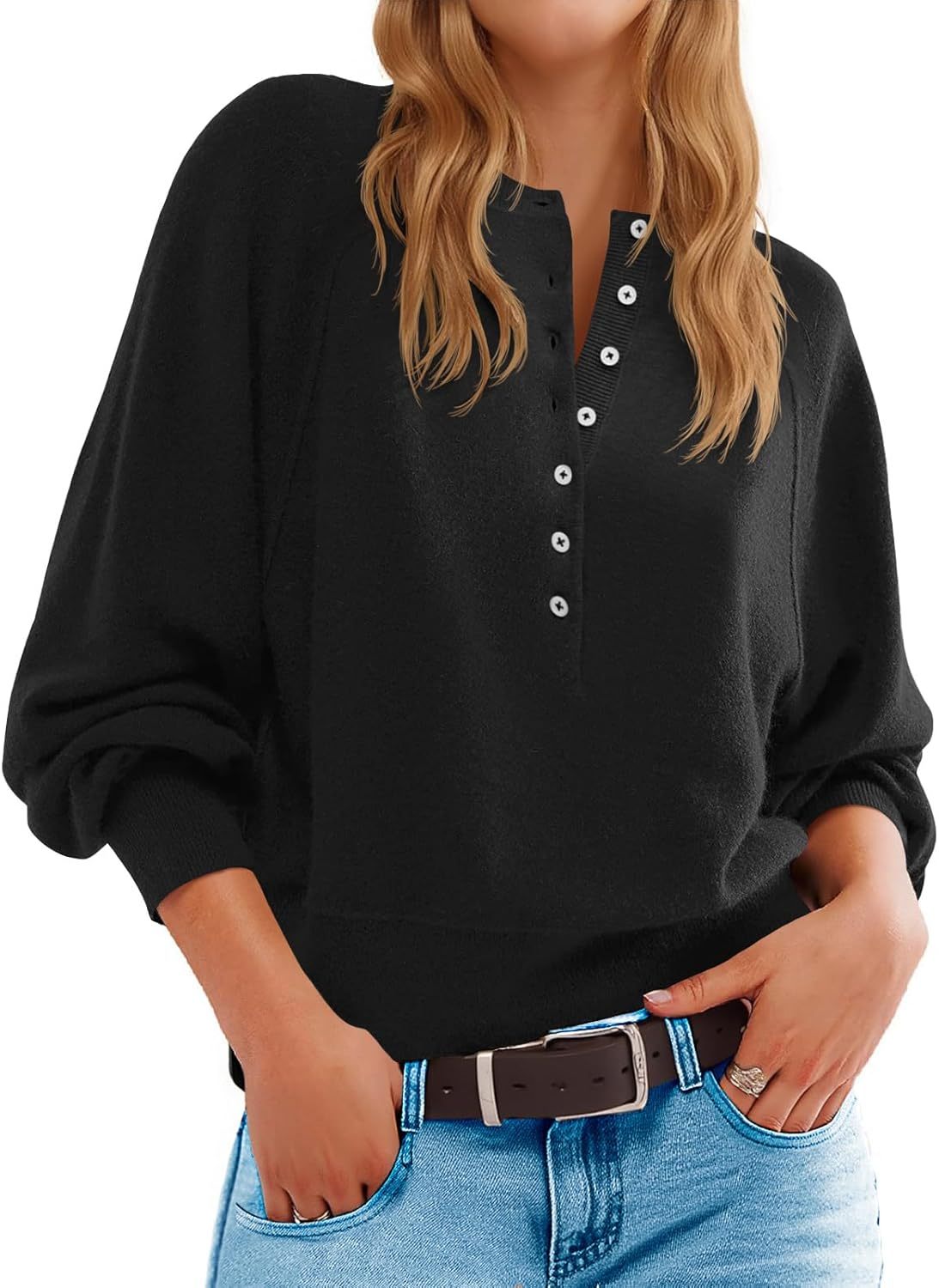 Womens Button Crew Neck Sweater Fall Long Sleeve Henley Shirts Trendy Loose Knit Pullover Tops