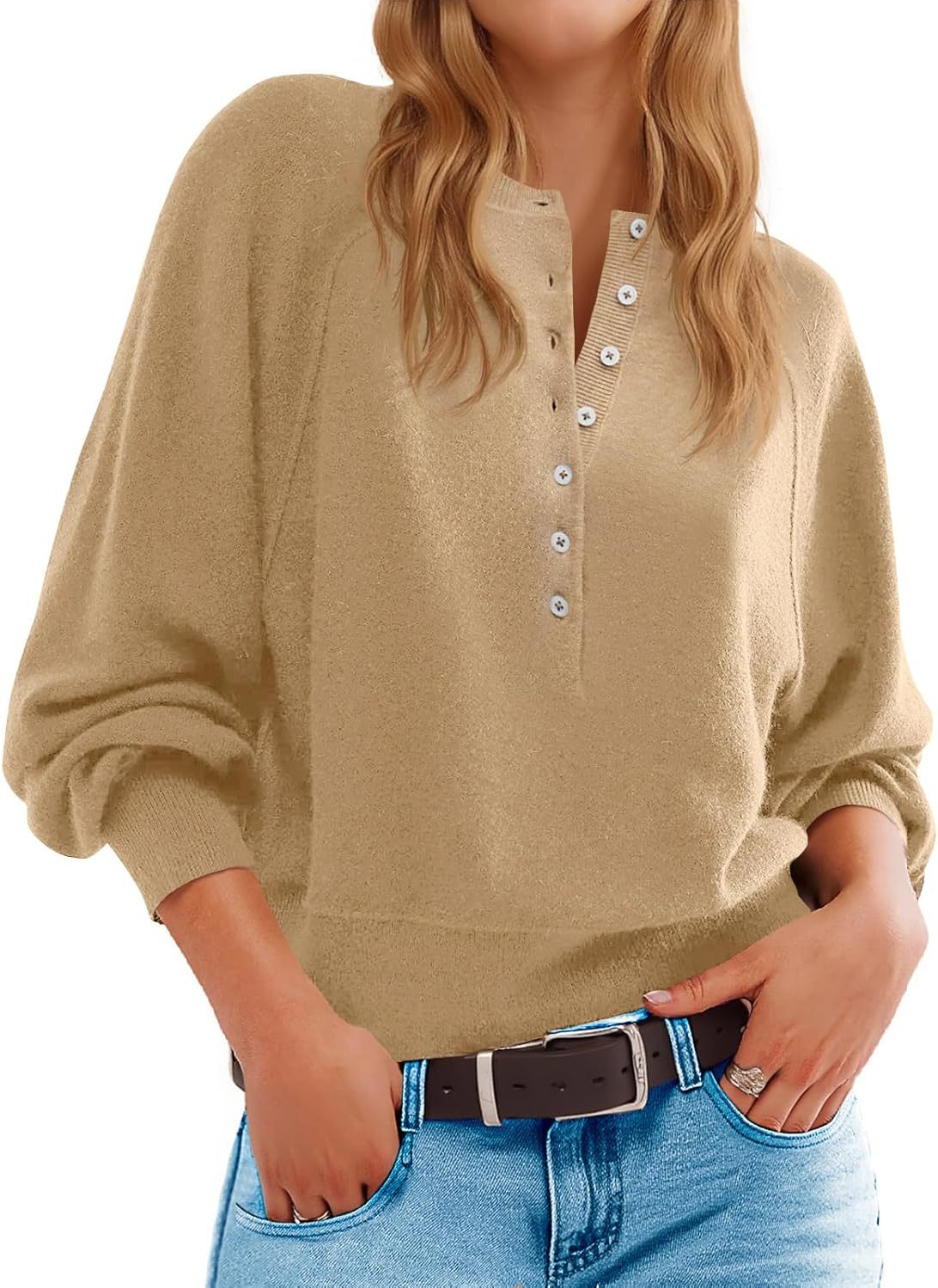 Womens Button Crew Neck Sweater Fall Long Sleeve Henley Shirts Trendy Loose Knit Pullover Tops