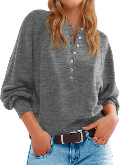 Womens Button Crew Neck Sweater Fall Long Sleeve Henley Shirts Trendy Loose Knit Pullover Tops