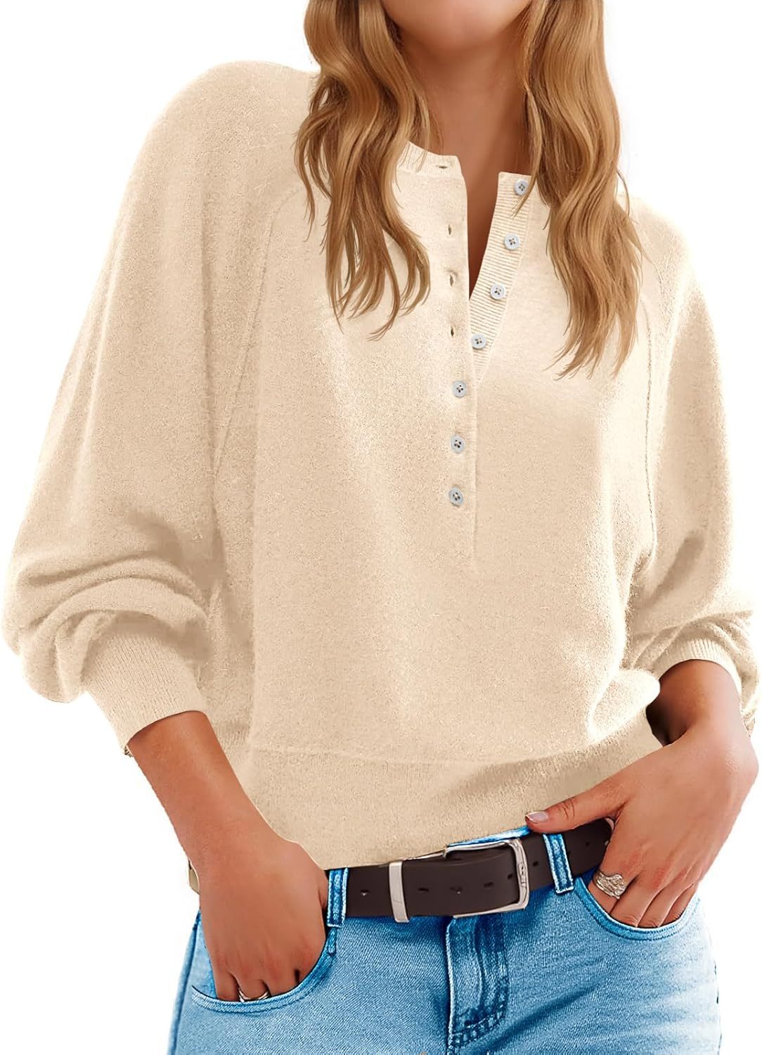 Womens Button Crew Neck Sweater Fall Long Sleeve Henley Shirts Trendy Loose Knit Pullover Tops