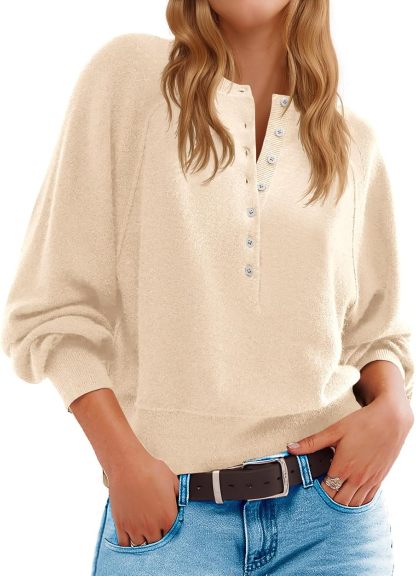 Womens Button Crew Neck Sweater Fall Long Sleeve Henley Shirts Trendy Loose Knit Pullover Tops