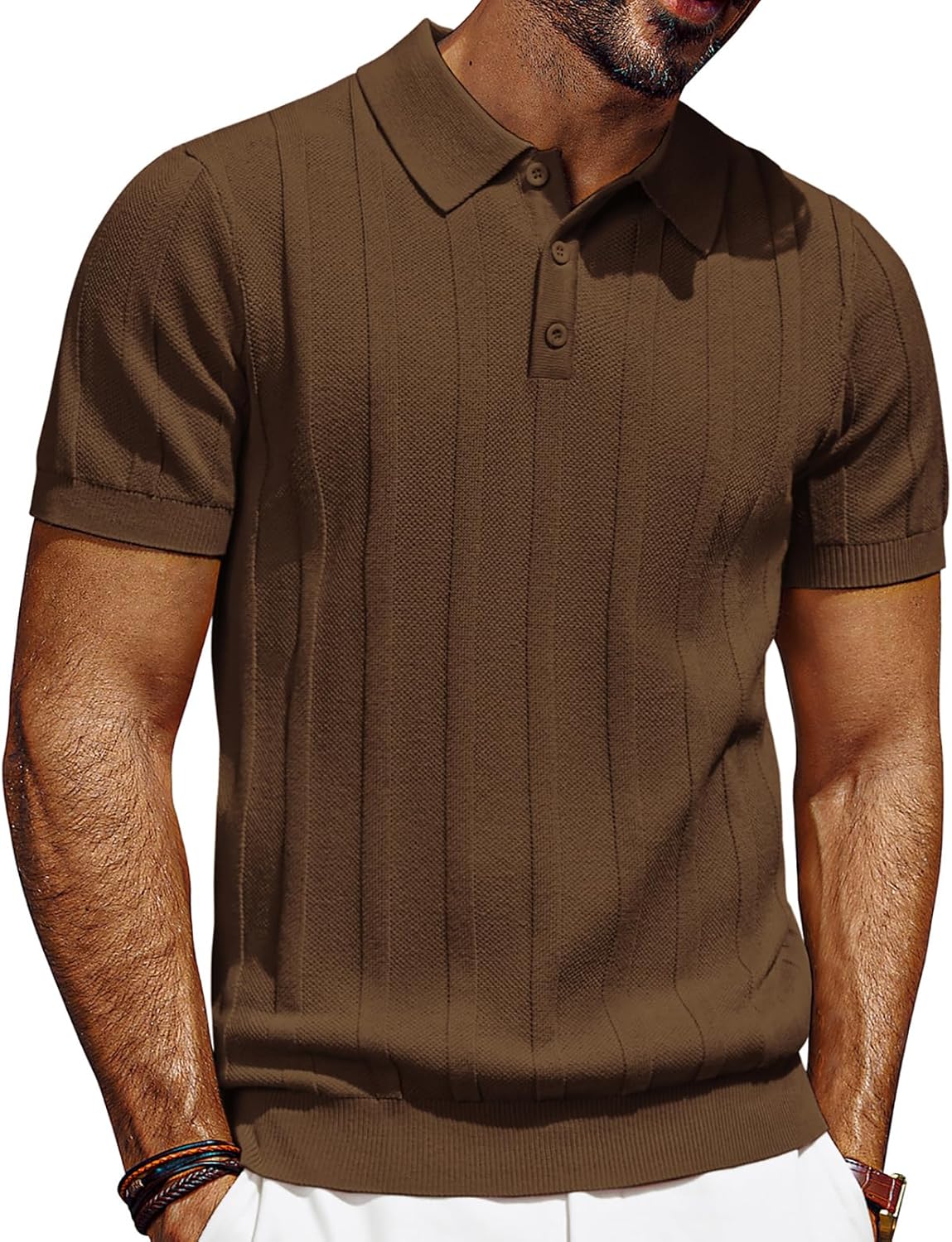 Mens Polo Shirts Short Sleeve Textured Knit Polo Shirt Ribbed Casual Golf Shirts