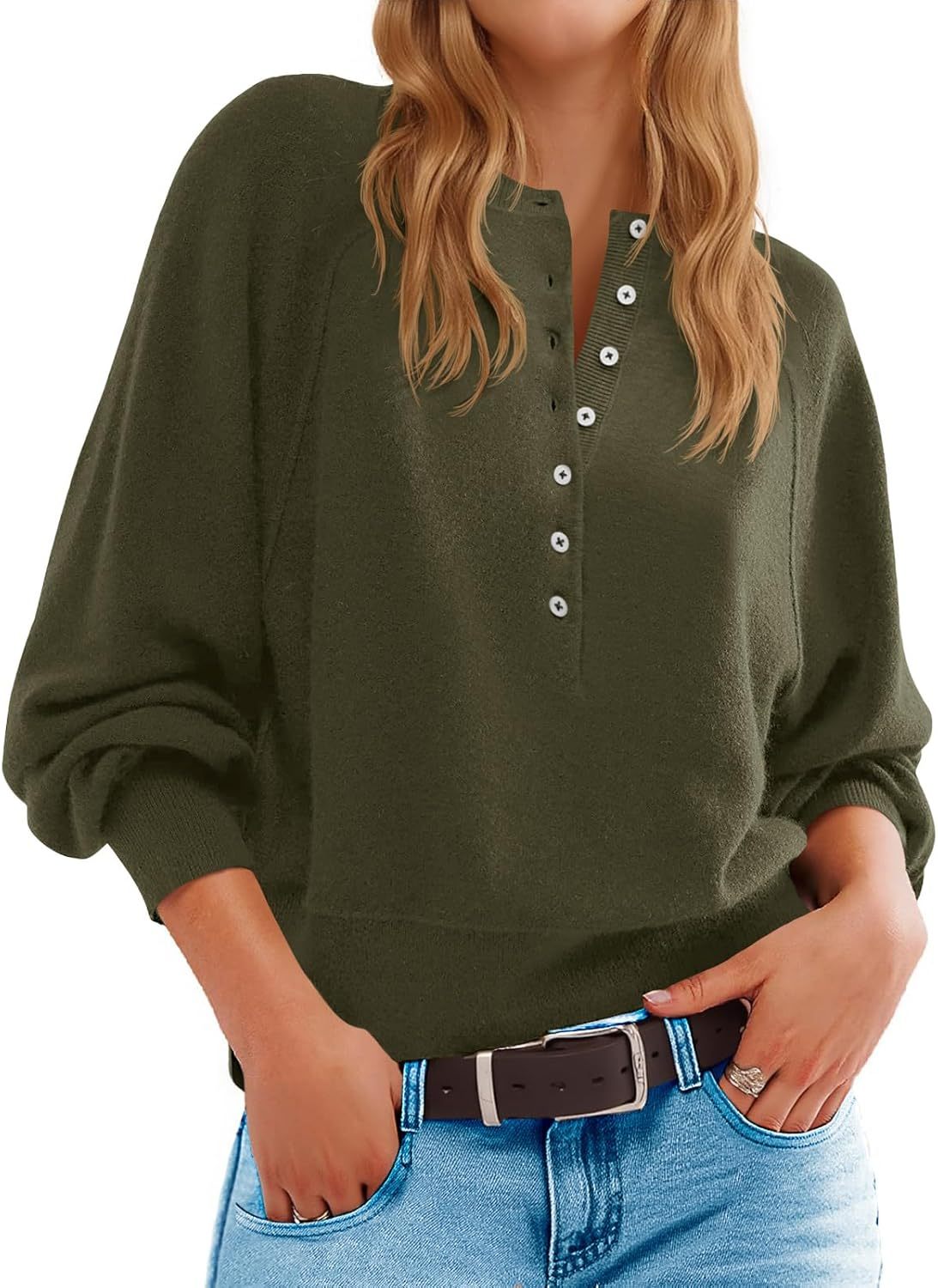 Womens Button Crew Neck Sweater Fall Long Sleeve Henley Shirts Trendy Loose Knit Pullover Tops