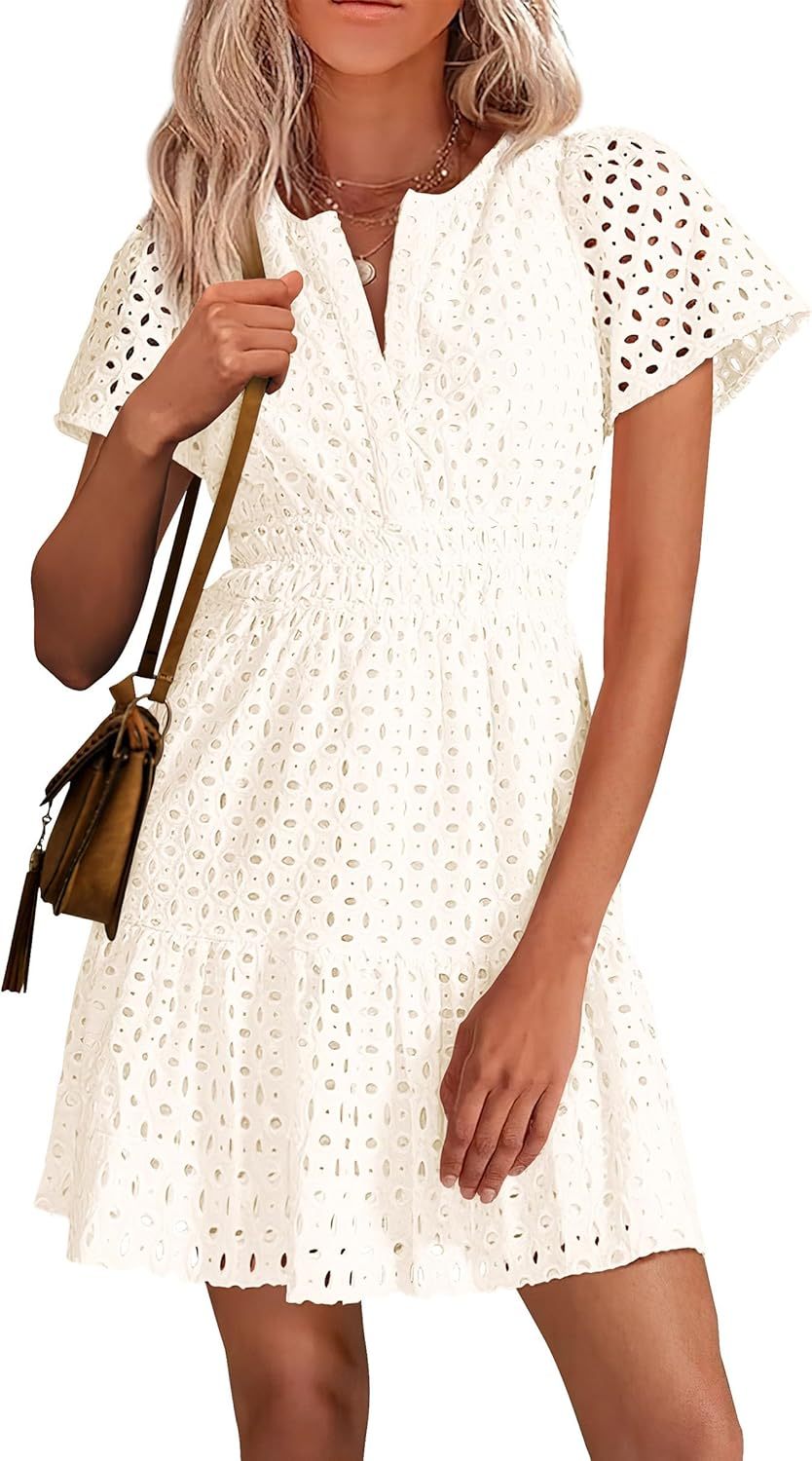 PRETTYGARDEN Womens 2025 Summer Short Dress V Neck Short Sleeve A Line Hollow Out Lace Ruffle Cute Casual Beach Party Dresses
