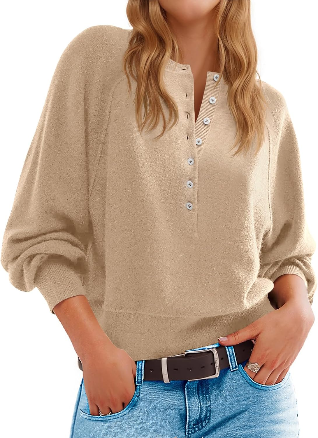 Womens Button Crew Neck Sweater Fall Long Sleeve Henley Shirts Trendy Loose Knit Pullover Tops